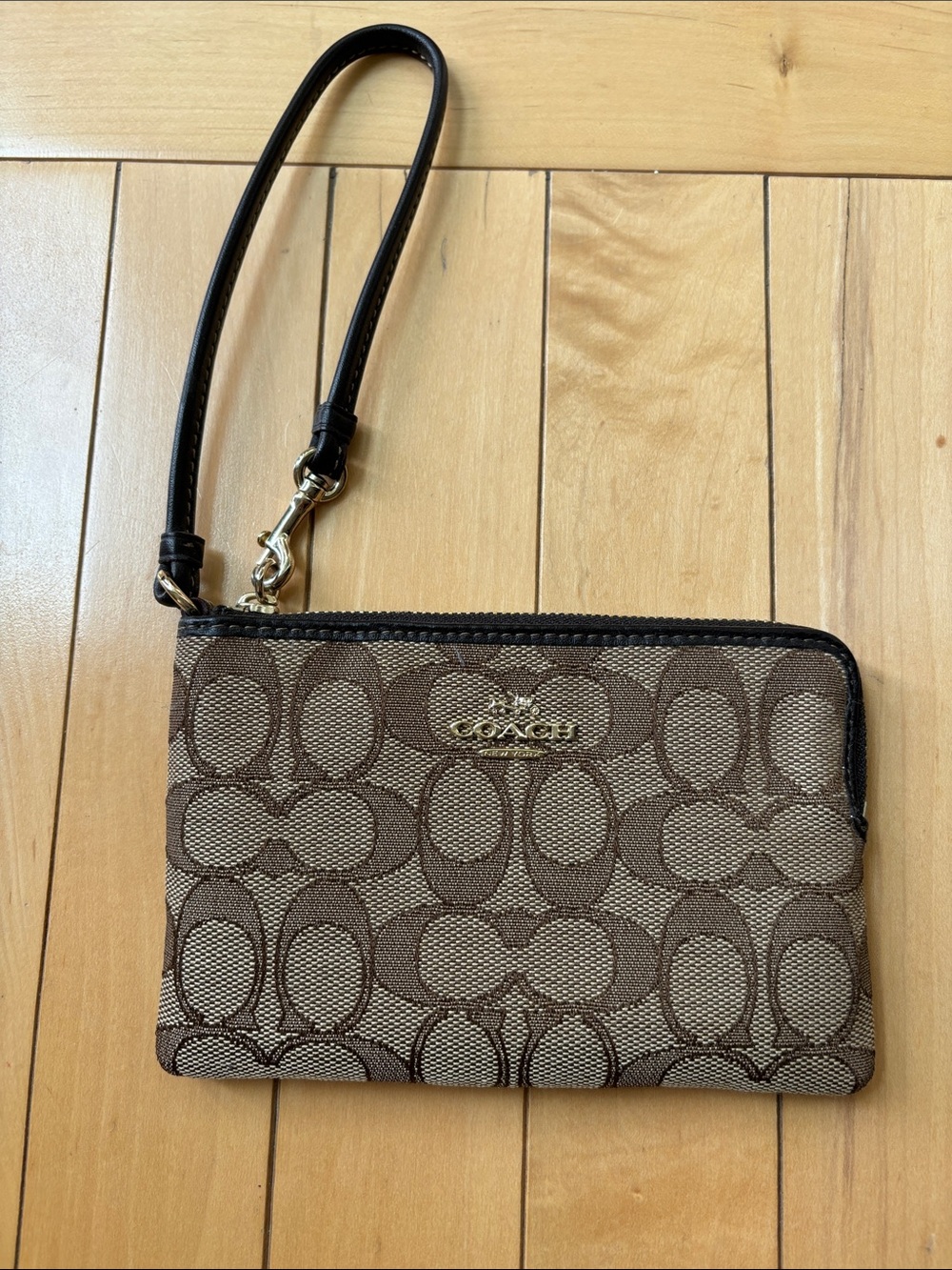 Coach Brown Signature Canvas Wristlet with Black Leather Strap